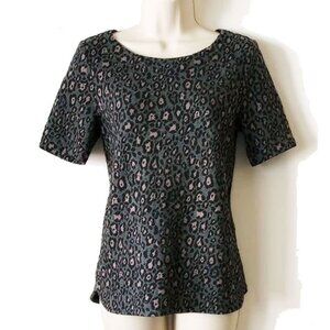 Loft Short Sleeve Textured Top XS Charcoal Black Pink Leopard